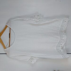 Lungo Larno Womens White Linen Top Crochet Sleeve & Hem Neutral  Sz.1X